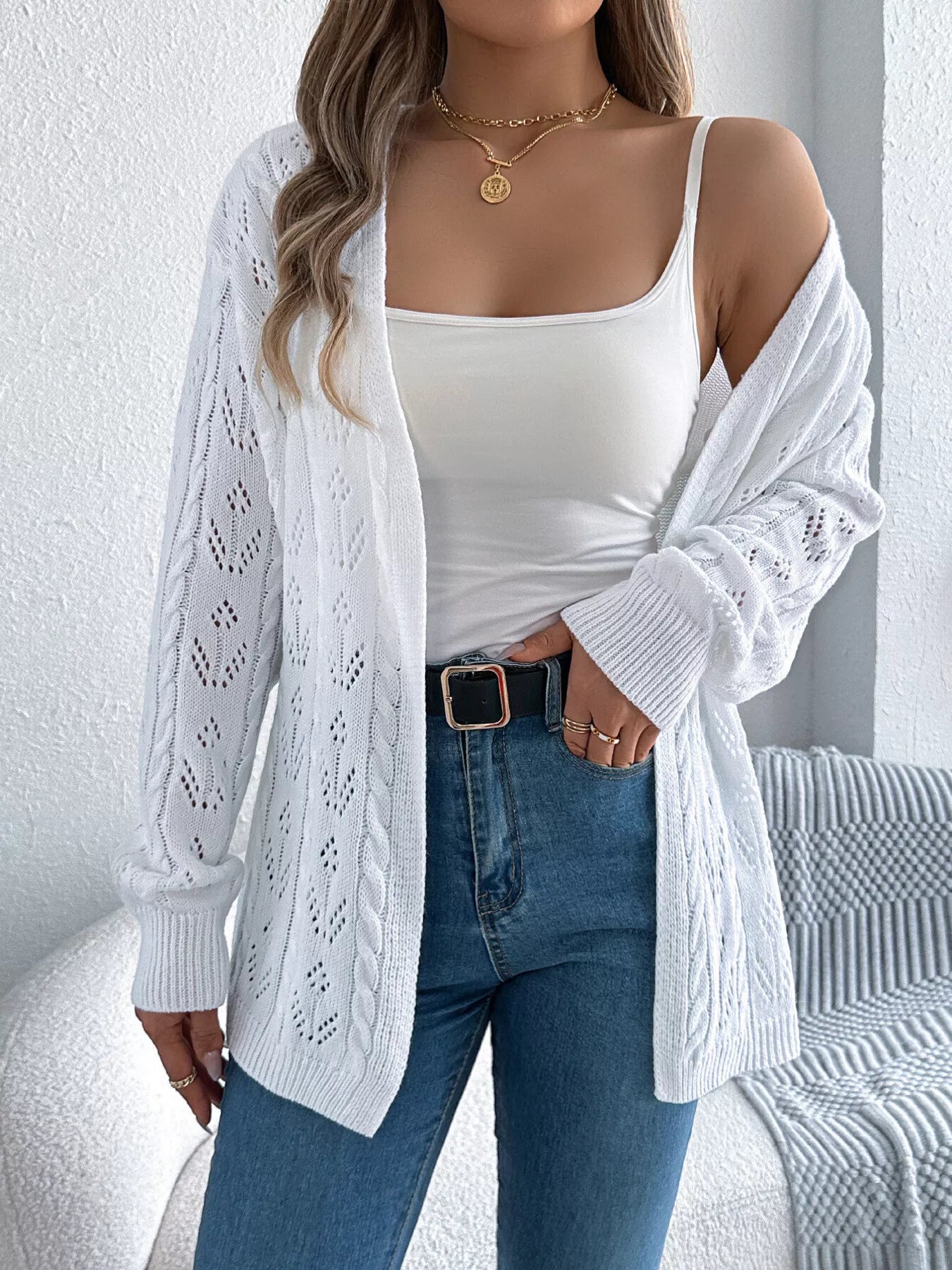 Openwork Open Front Long Sleeve Cardigan