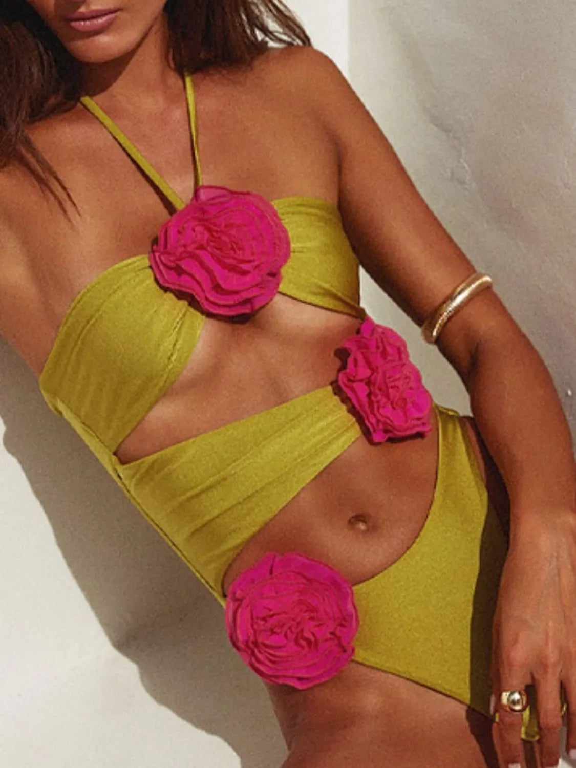 Flower Cutout Halter Neck One-Piece Swimwear Yellow-Green
