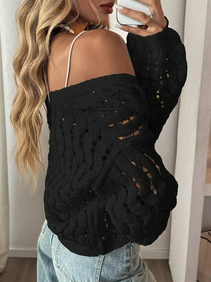 Openwork Button Up V-Neck Cardigan