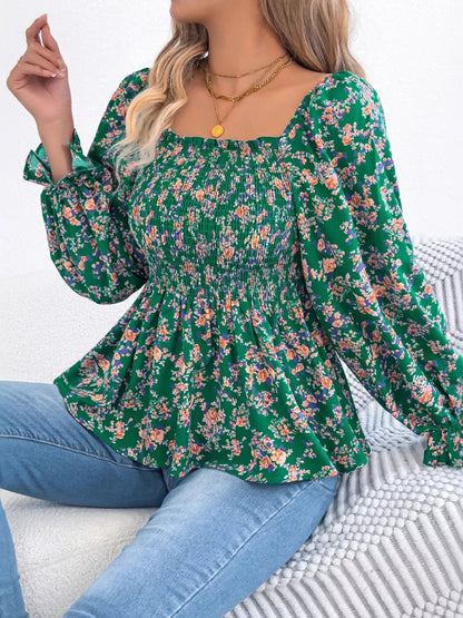 Full Size Floral Print Smocked Long Sleeve Blouse Plus Size