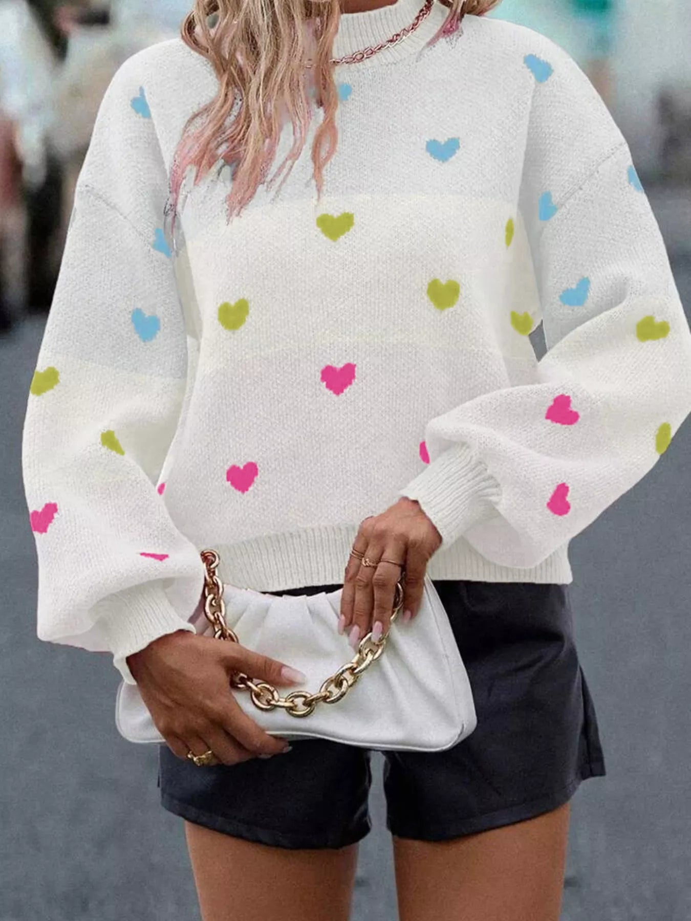 Multicolour Heart Pattern Dropped Shoulder Sweater