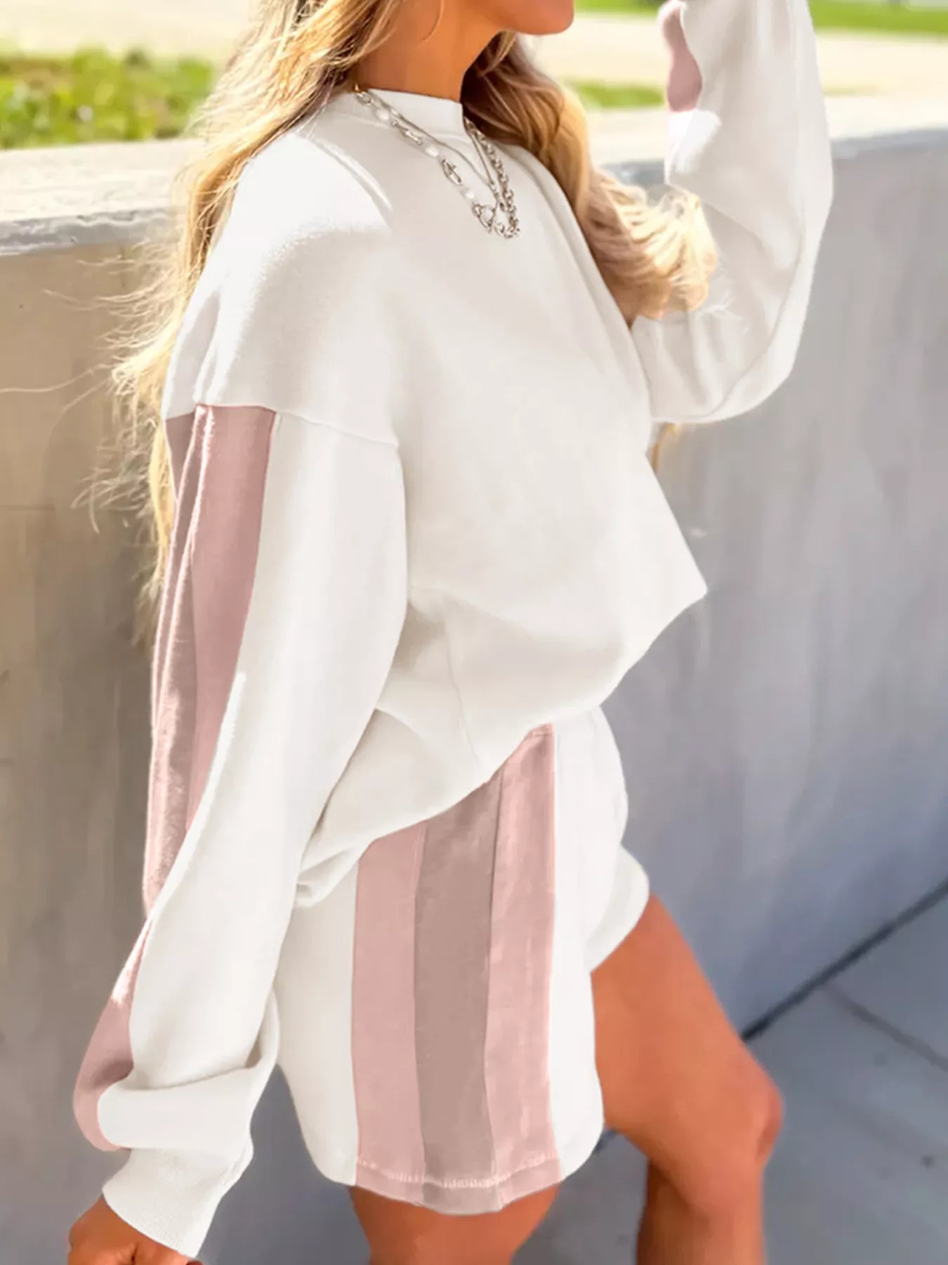 Color Block Patchwork Drop Shoulder Pullover and Shorts Set