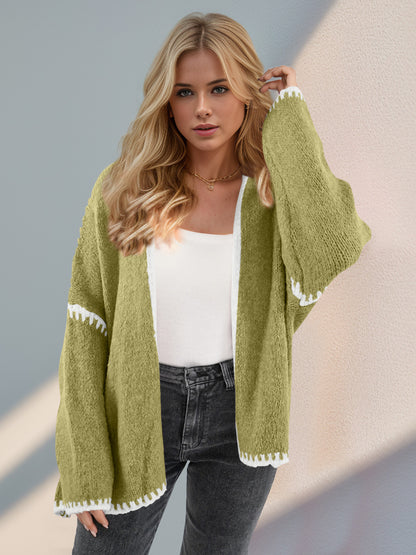 Back To School Sweater - Double Take Contrast Open Front Dropped Shoulder Cardigan