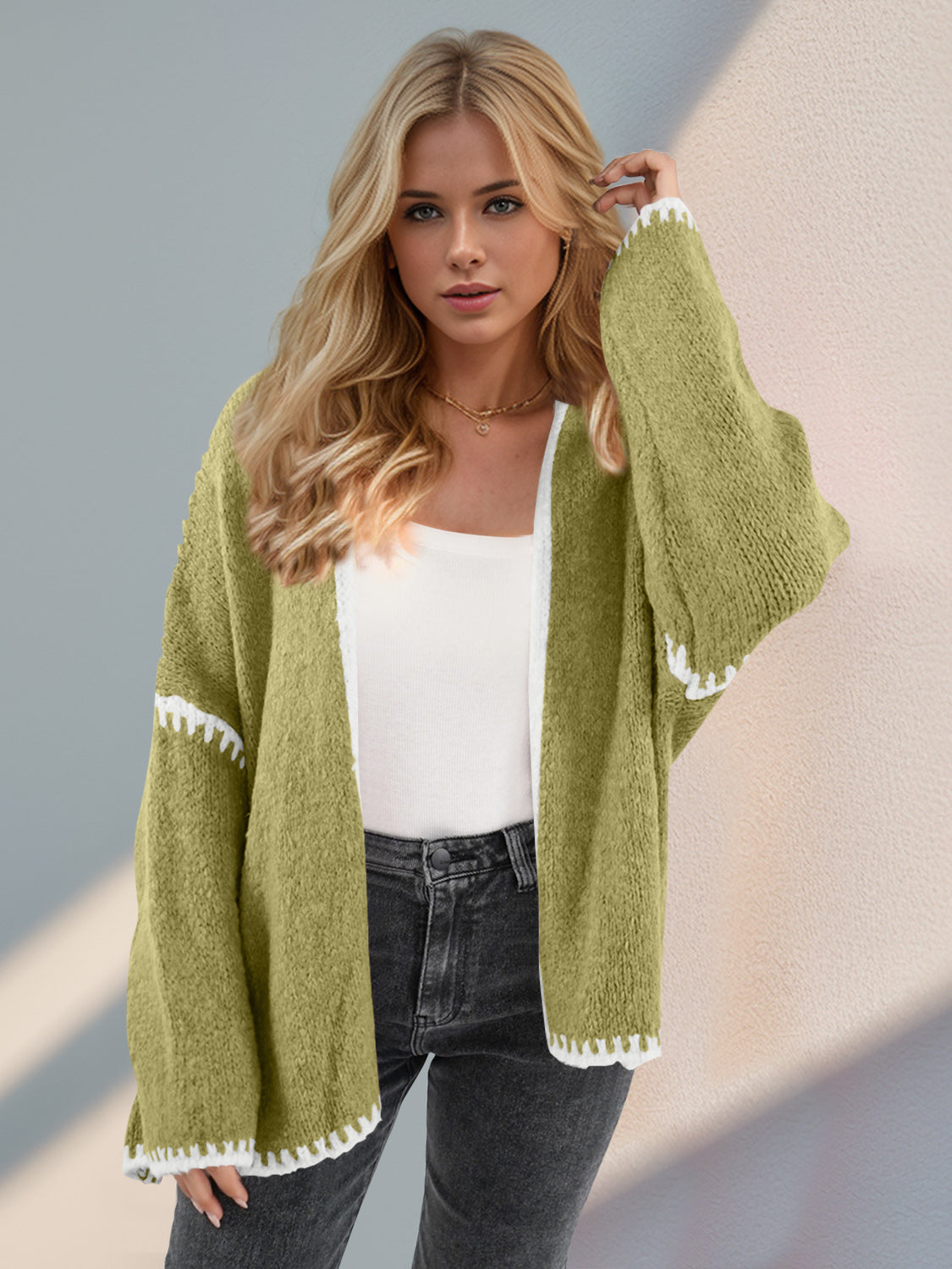 Back To School Sweater - Double Take Contrast Open Front Dropped Shoulder Cardigan