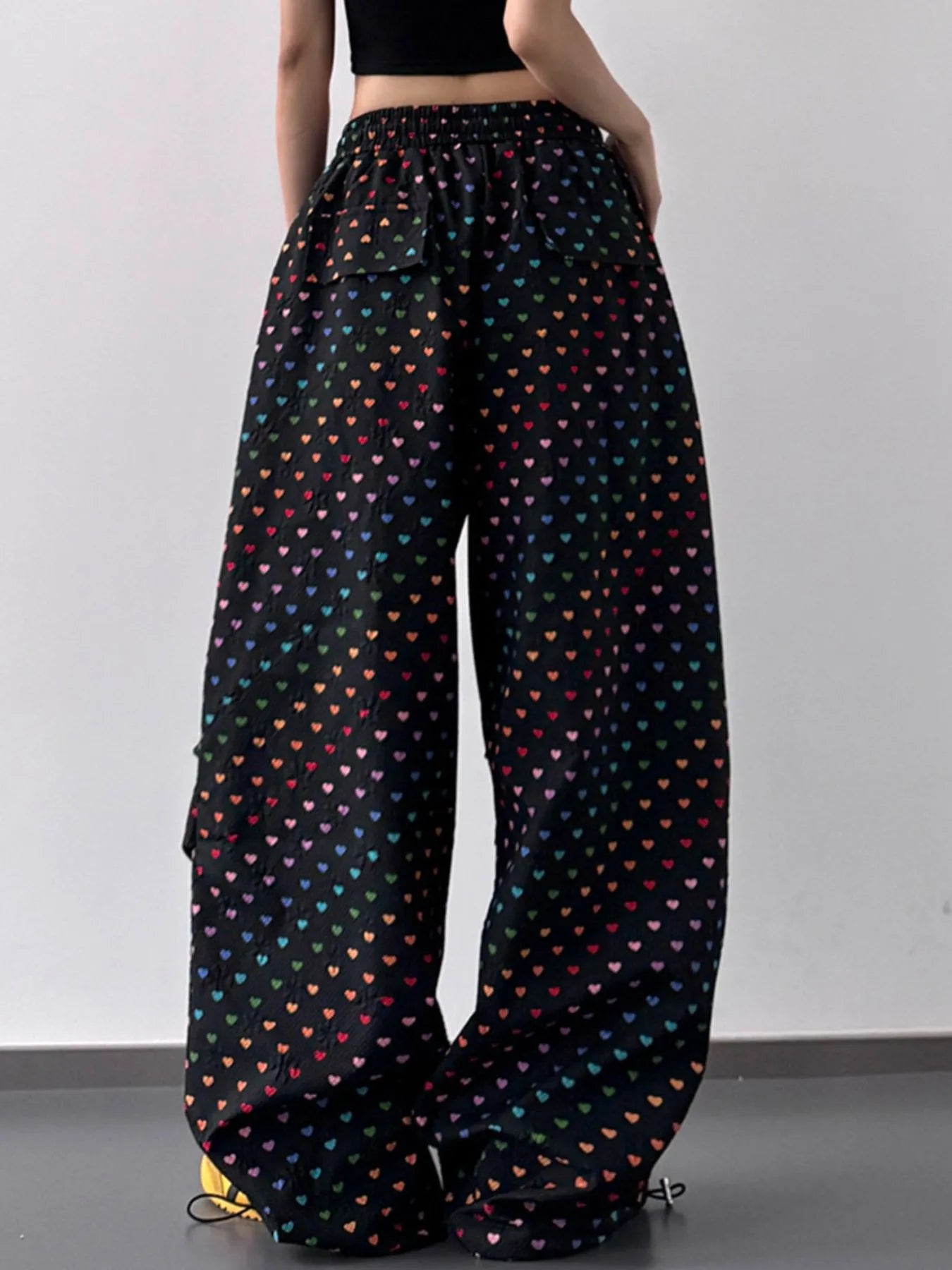 Heart Print Drawstring Wide Leg Pants