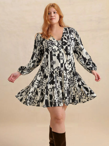 Plus Size Printed V-Neck Long Sleeve Mini Dress