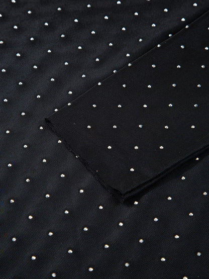 Rhinestone Embellished Mesh Long Sleeve Top