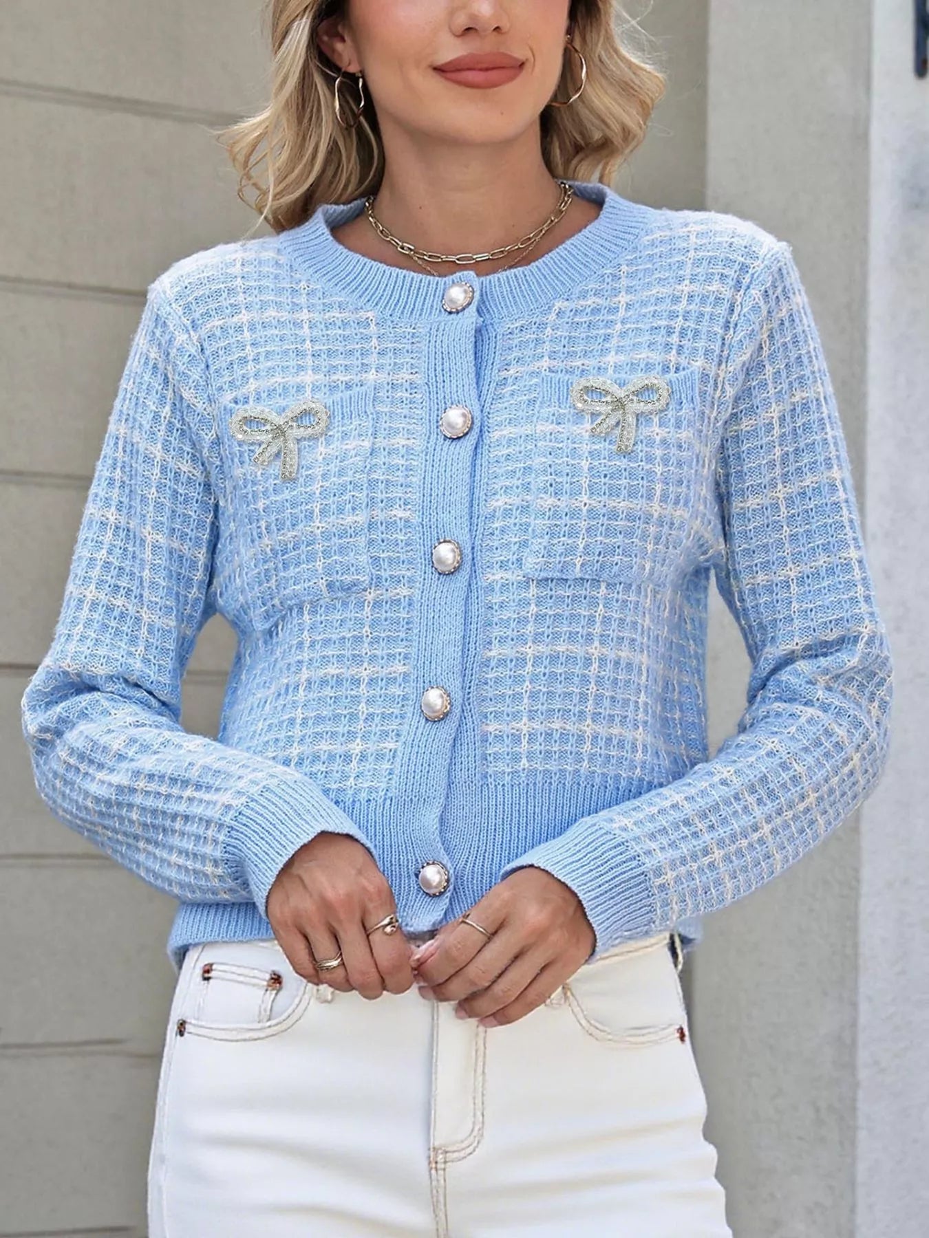 Bow Decor Button Up Cardigan Light Blue