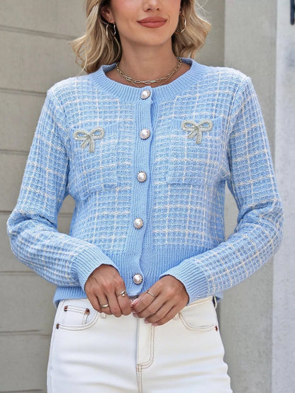 Bow Decor Button Up Cardigan Light Blue
