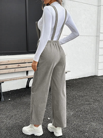 Slit Wide Leg Overalls with Pockets