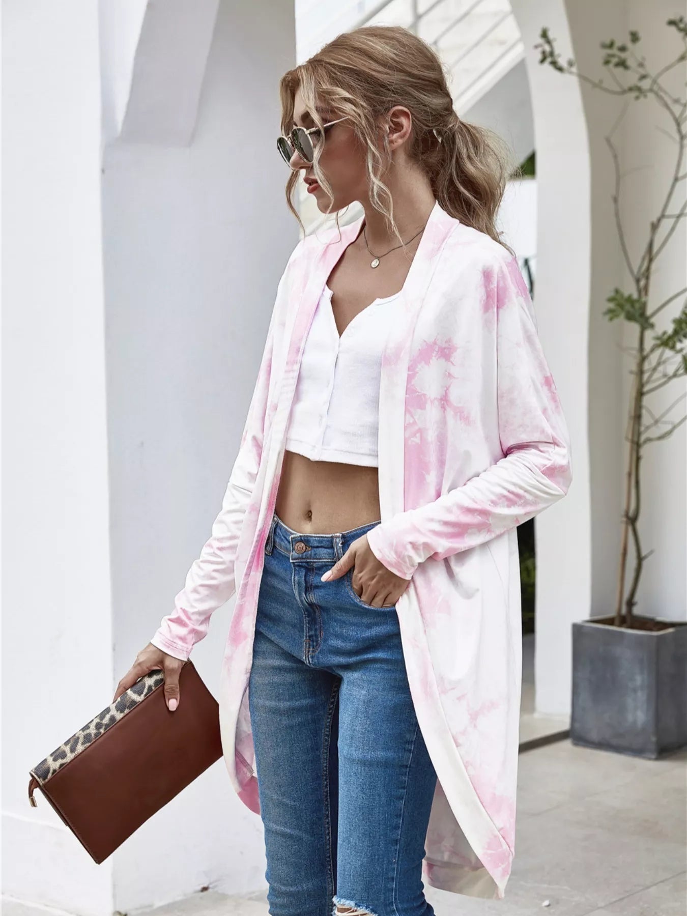 Tie-Dye Oversized Open Front Cardigan Blush Pink