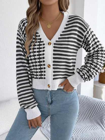 Striped Button-Up Cropped Cardigan Black