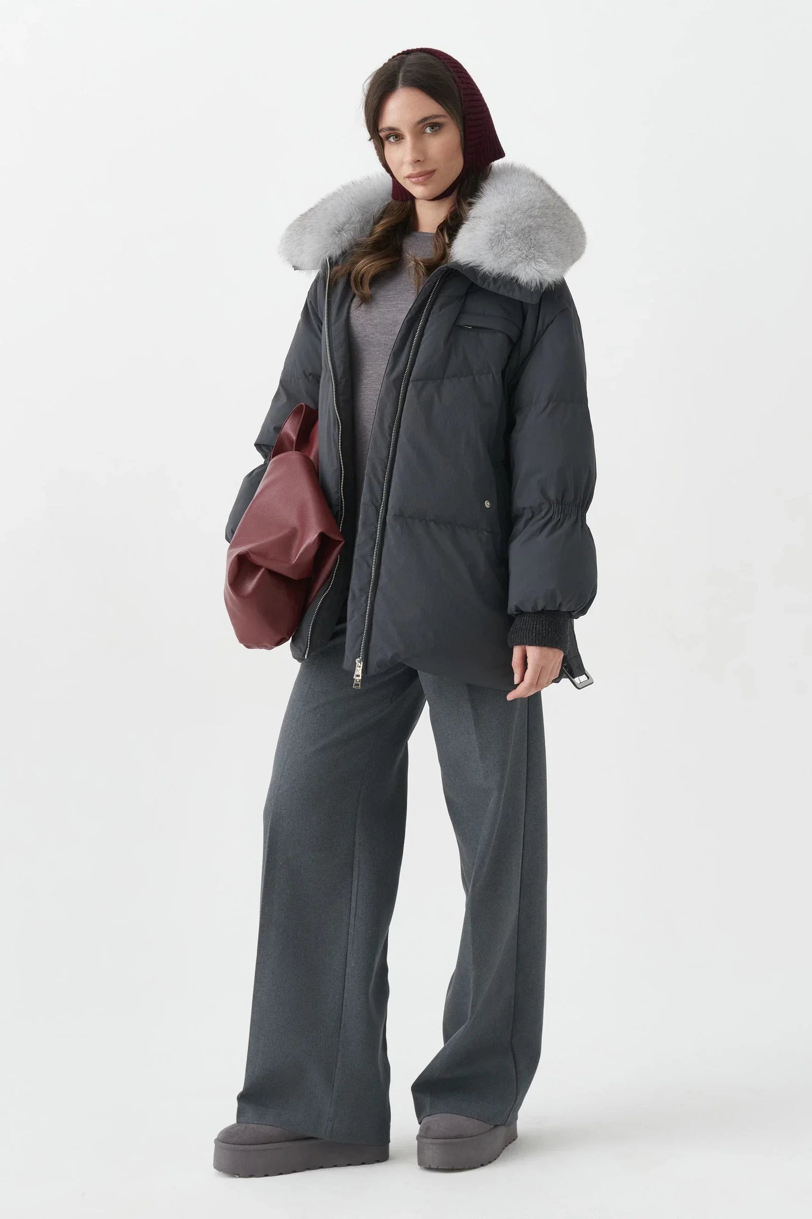 Genuine Blue Fox Down Fill Coat Graphite