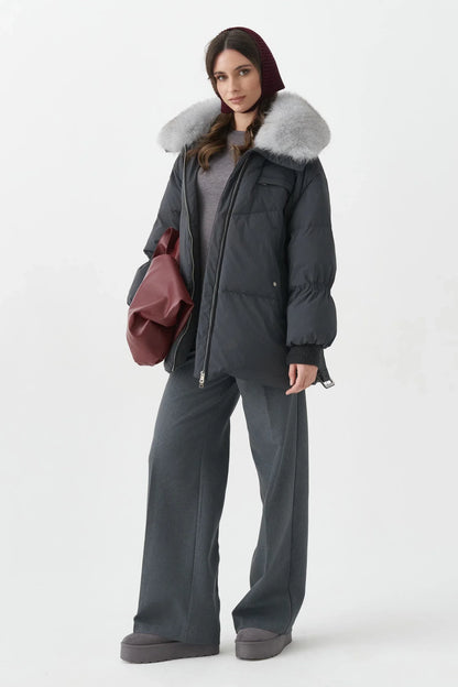 Genuine Blue Fox Down Fill Coat Graphite