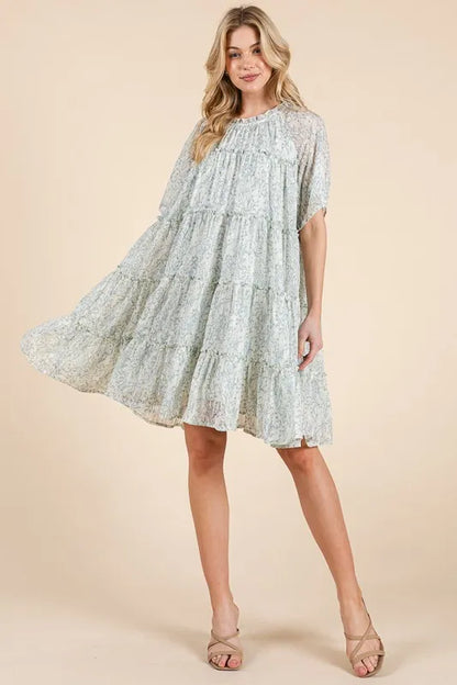Lime 'N' Chili Ditsy Floral Print Sheer Ruffle Detail Mini Dress
