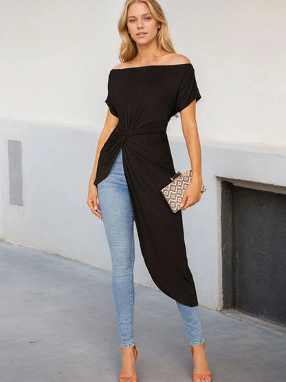 Asymmetric Knotted Off-Shoulder Long T-Shirt