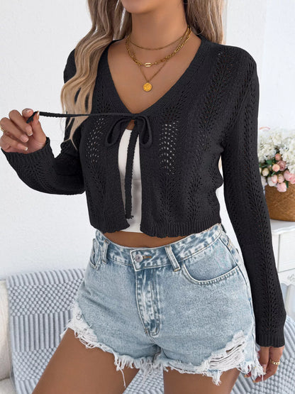Openwork Tie Front Long Sleeve Cardigan