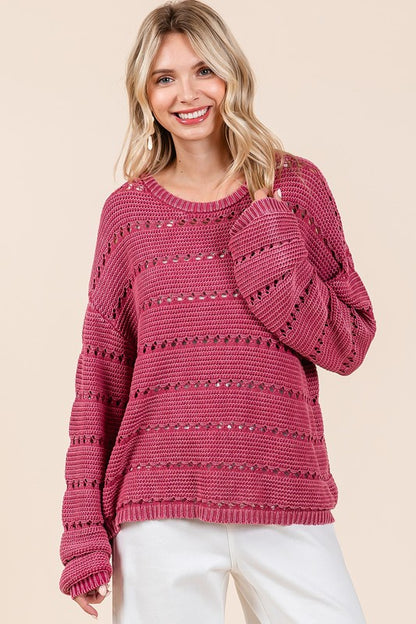 Back To School Sweater - Mittoshop Openwork Round Neck Drop Shoulder Sweater RASPBERRY
