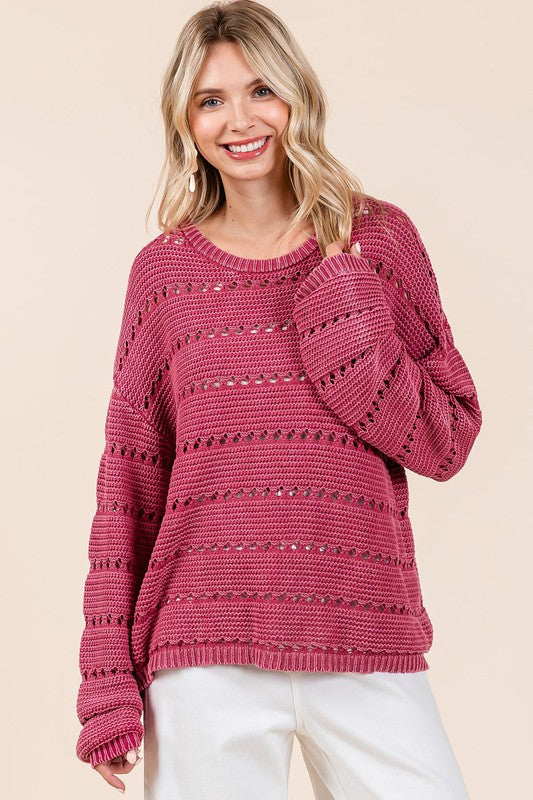 Back To School Sweater - Mittoshop Openwork Round Neck Drop Shoulder Sweater RASPBERRY