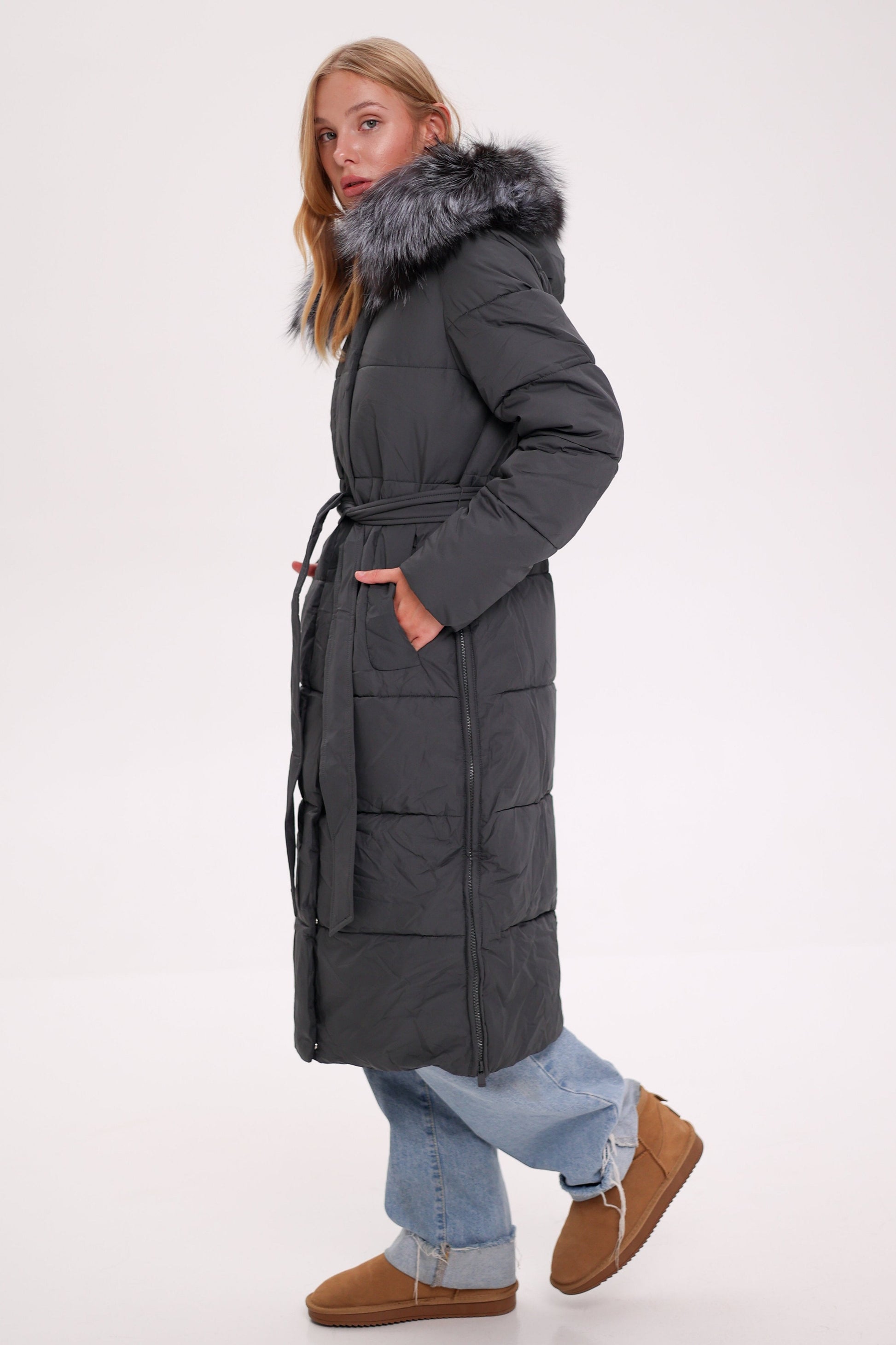 Genuine Silver Fox Belted Winter Insulated Coat Pine Grove
