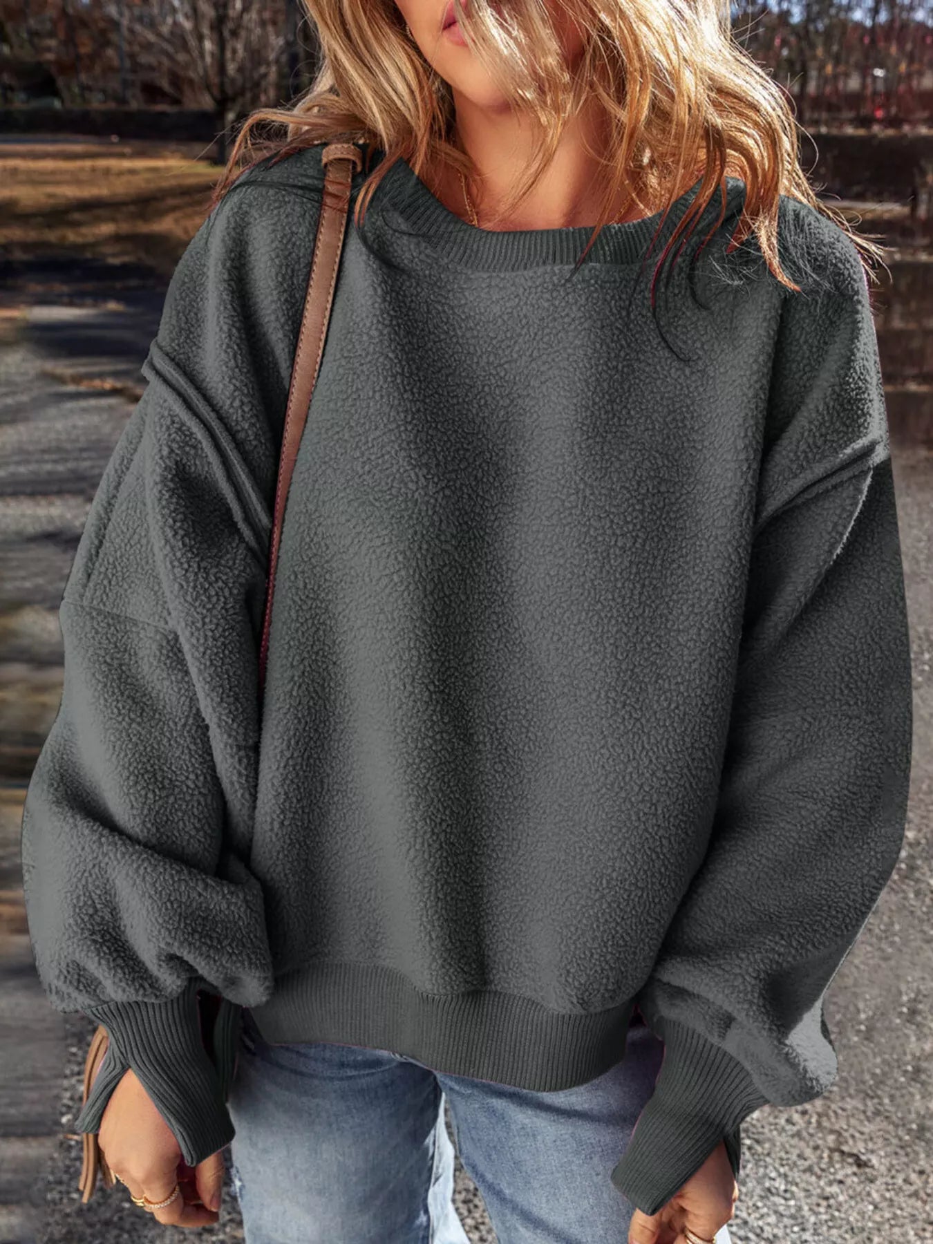 Round Neck Dropped Shoulder Sweatshirt Gray