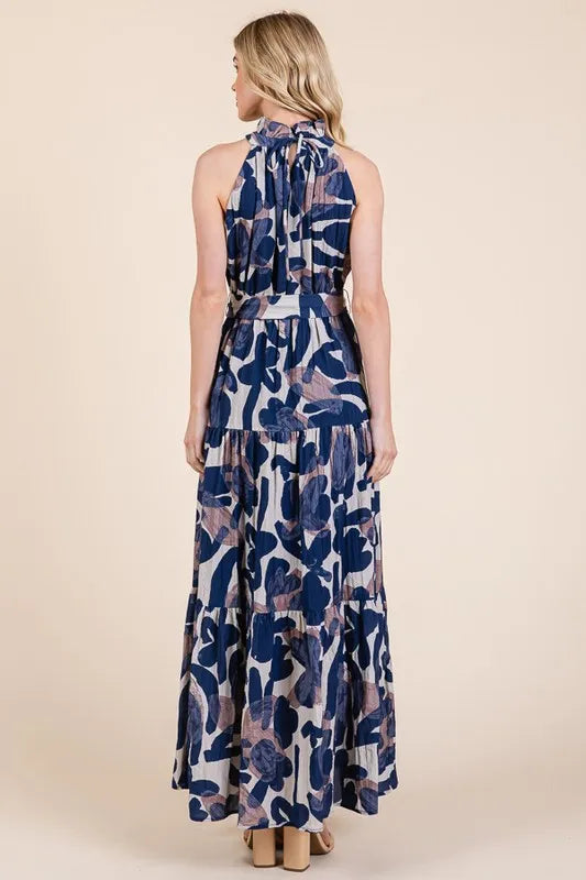 Lime 'N' Chili Abstract Halter Neck Tie-Waist Tiered Maxi Dress