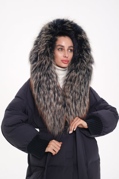 Rei Genuine Fur Trim Hooded Down Coat in Navy