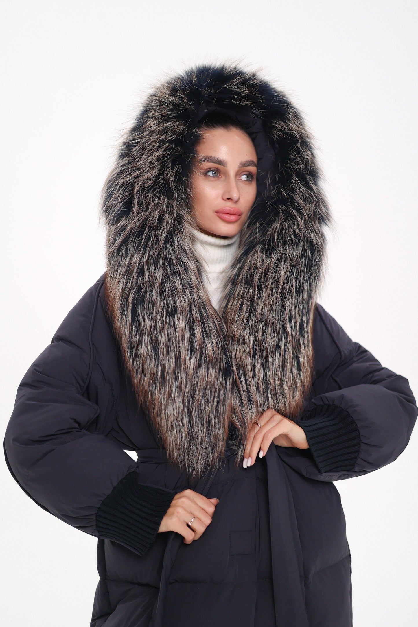 Rei Genuine Fur Trim Hooded Down Coat in Navy