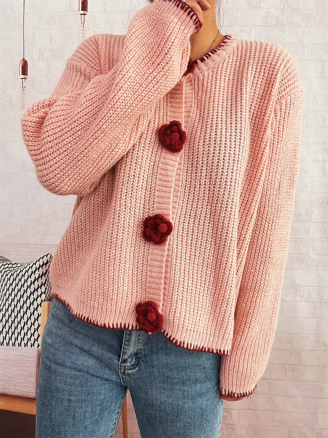 Flower Button Long Sleeve Cardigan