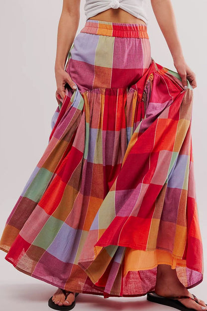 Color Block Elastic Waist Maxi Skirt Plaid