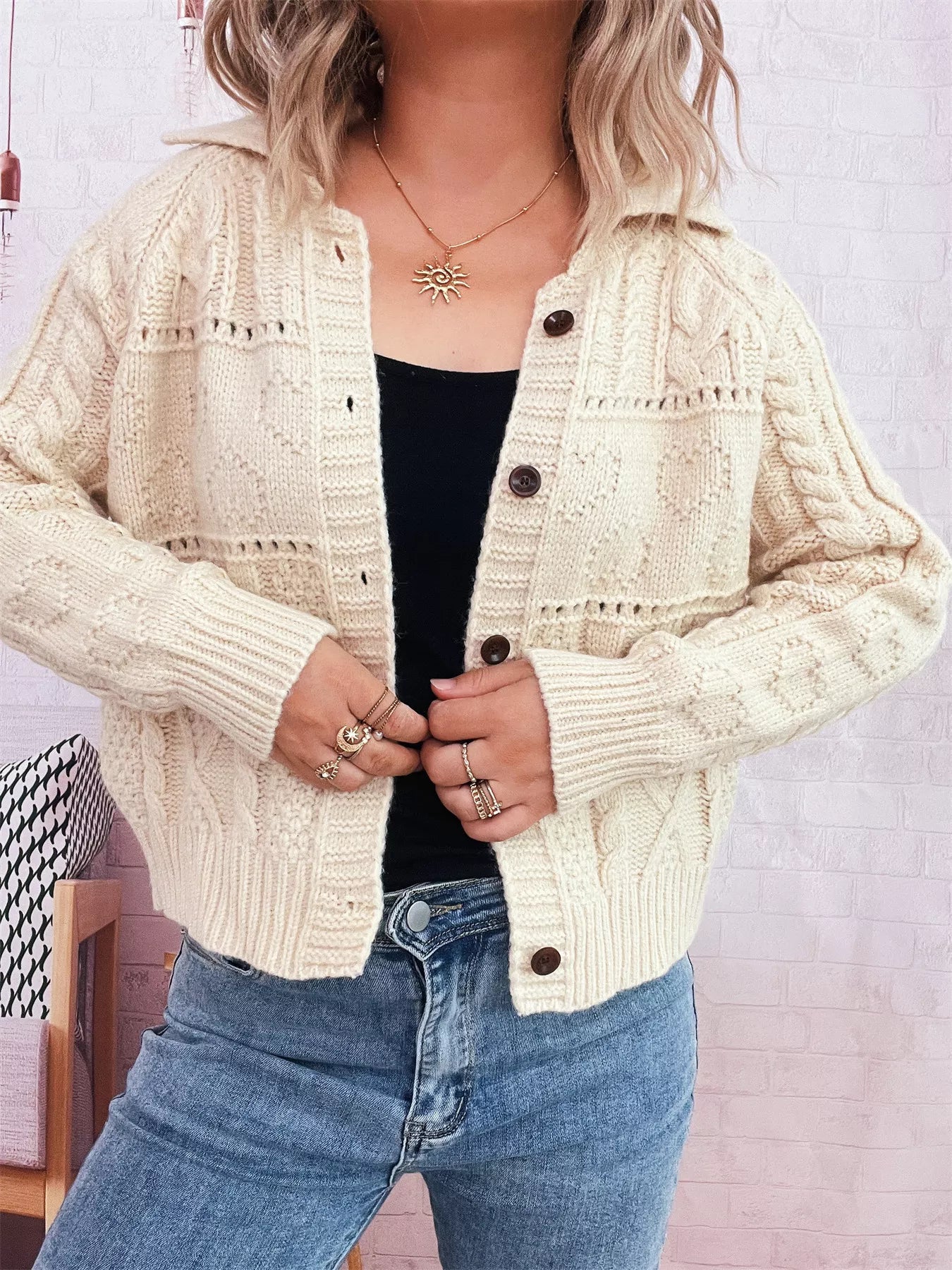Openwork Cable Knit Button-Up Cardigan