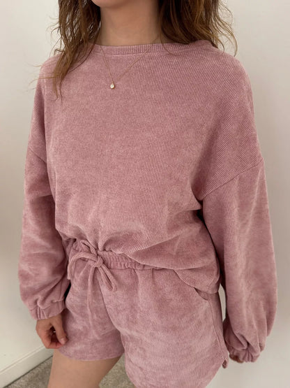 Round Neck Dropped Shoulder Top and Drawstring Shorts Set Dusty Pink