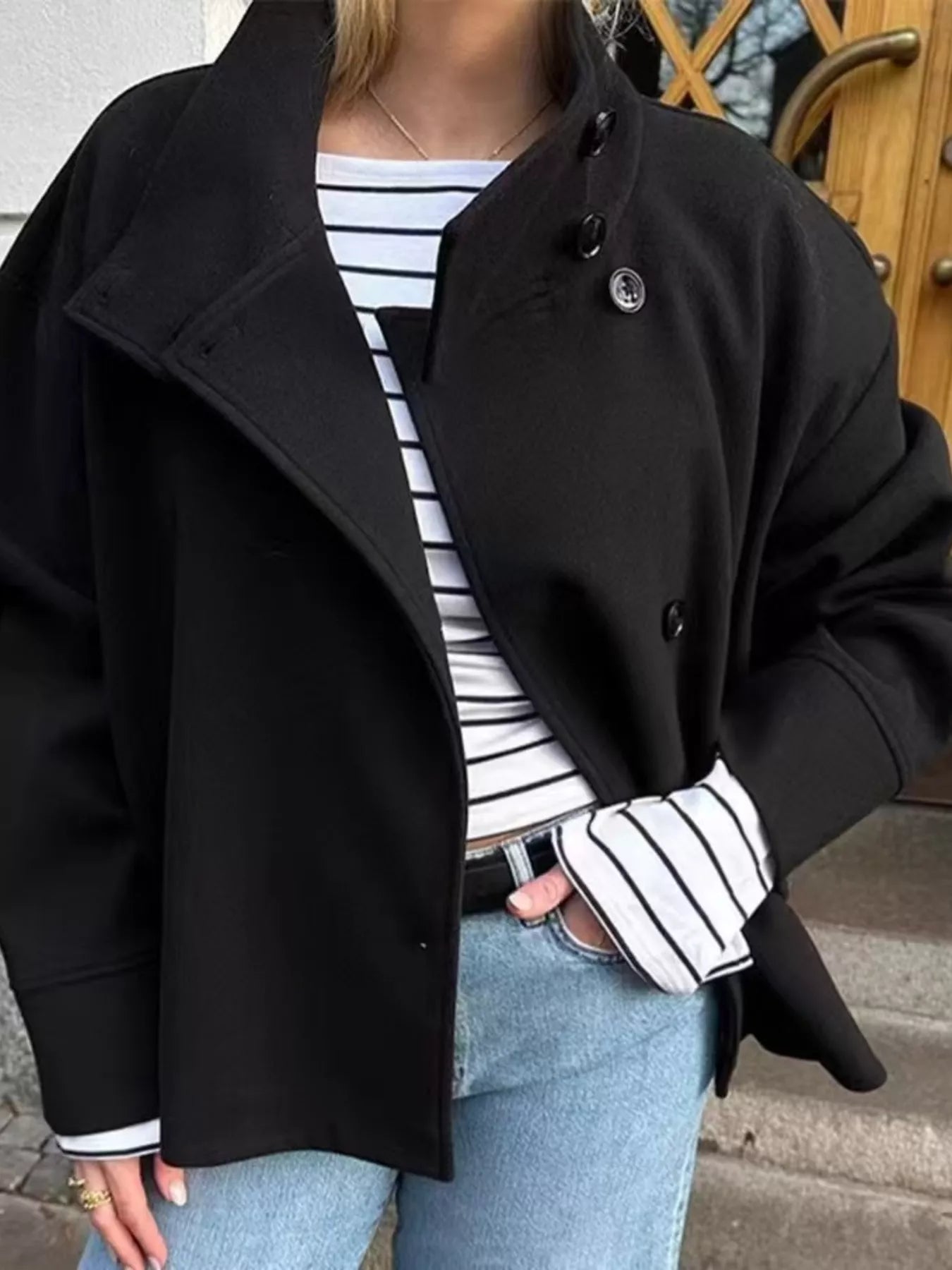 Wool Blend Long Sleeve Outerwear Black