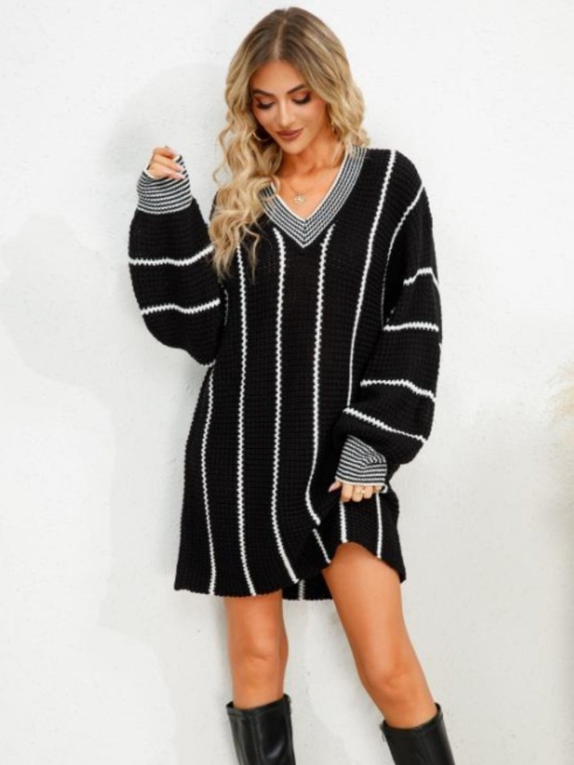 Striped V-Neck Long Sleeve Mini Dress Black