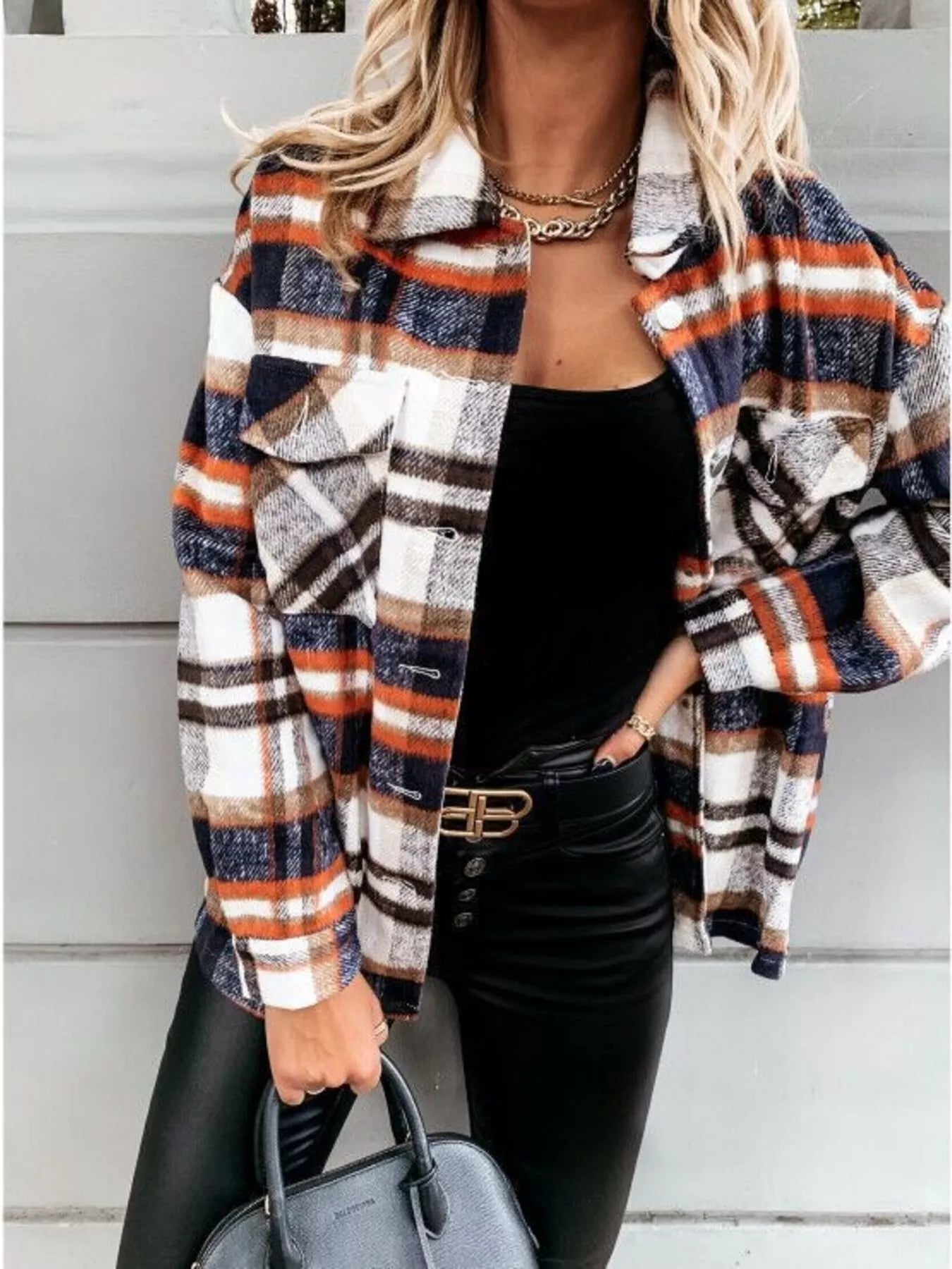 Plaid Button-Down Long Sleeve Shacket Orange