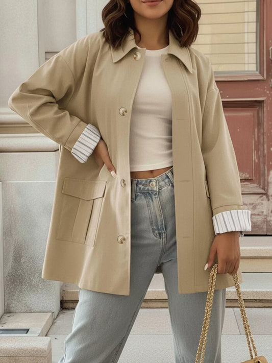 Button-Down Dropped Shoulder Outerwear Khaki