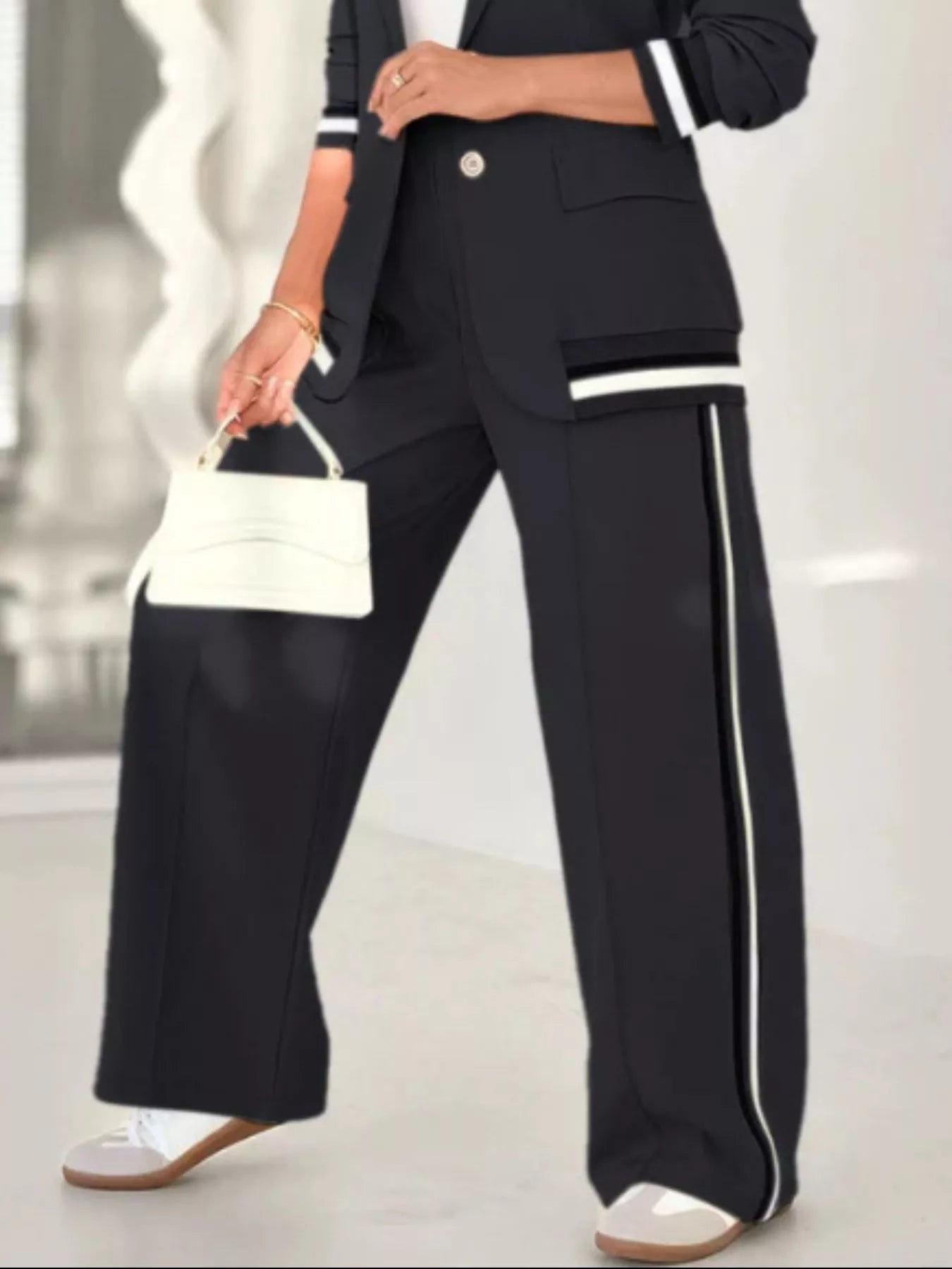 Full Size Striped Trim Button Down Jacket and Pants Set Plus Size