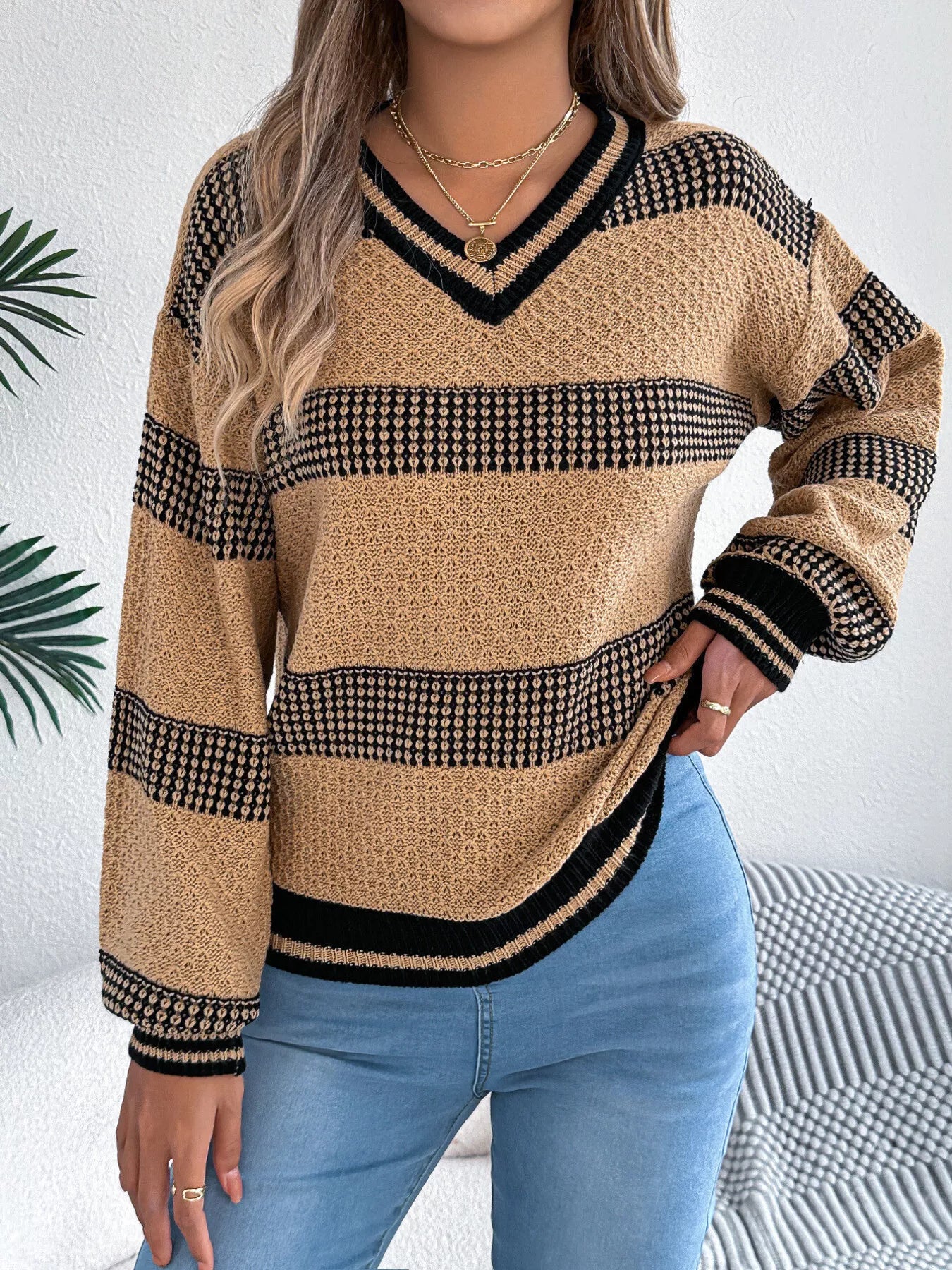 Contrast Striped V-Neck Sweater