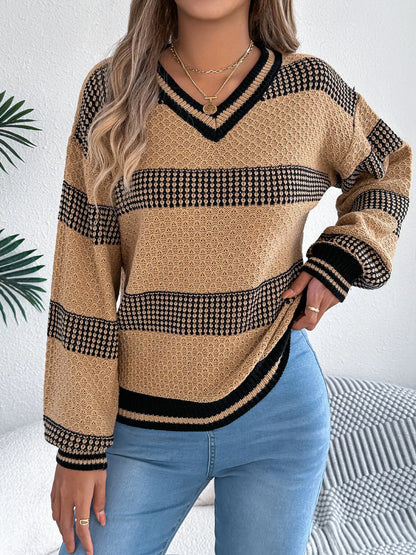 Contrast Striped V-Neck Sweater