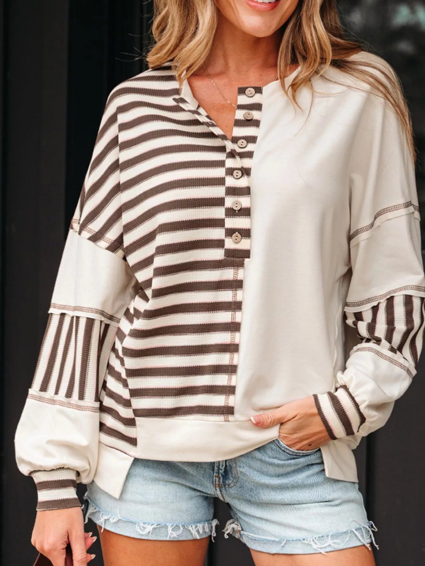 Stripe Stitched Detail Color Block Patchwork Oversized Top