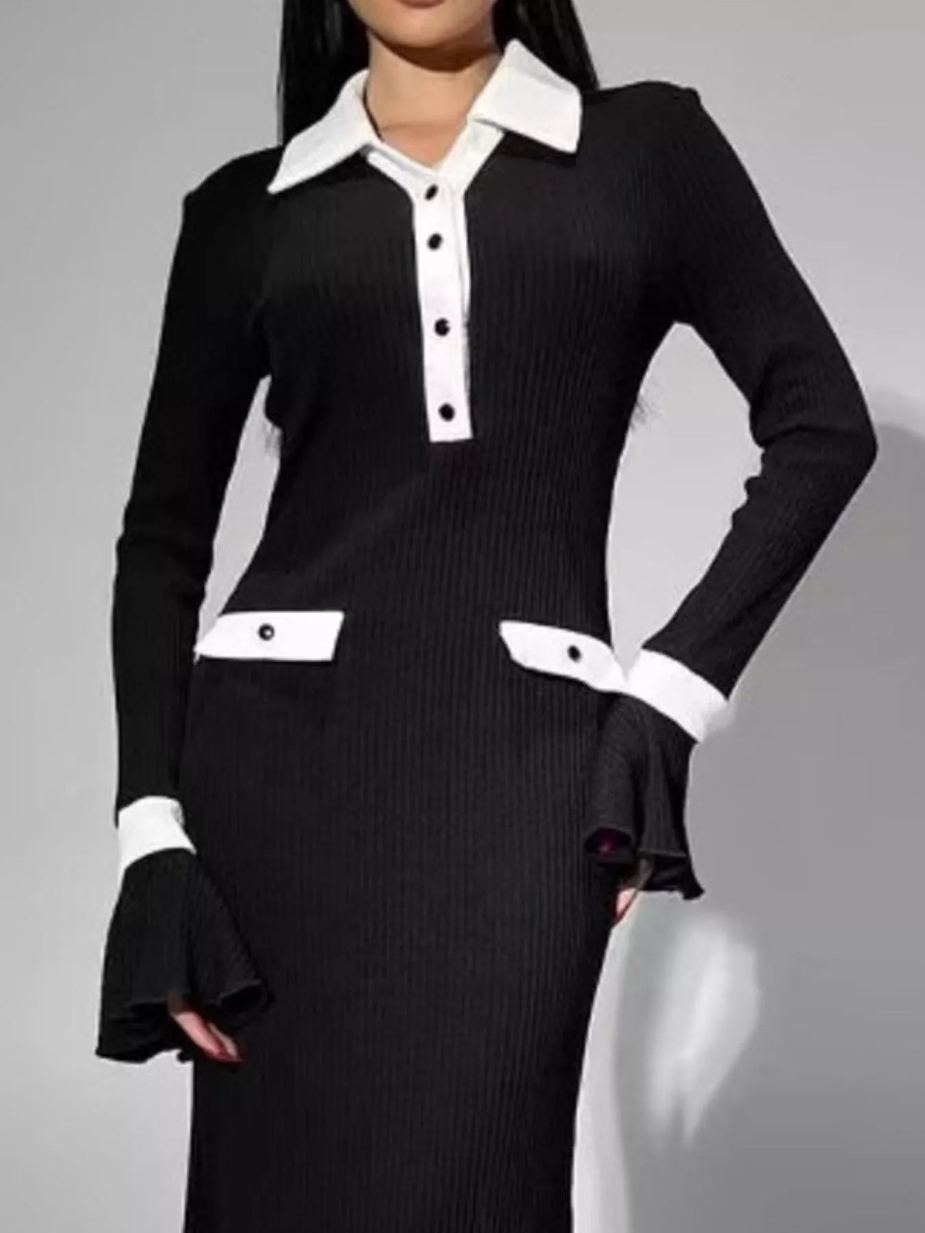 Contrast Collar Long Sleeve Maxi Sweater Dress