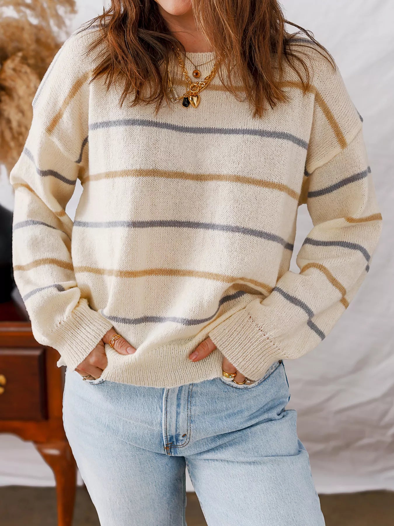 Stripe Striped Ribbed Edge Drop Shoulder Sweater