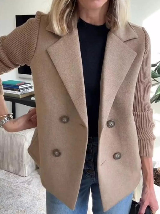 Full Size Knit Sleeve Double-Breasted Outerwear Plus Size Taupe