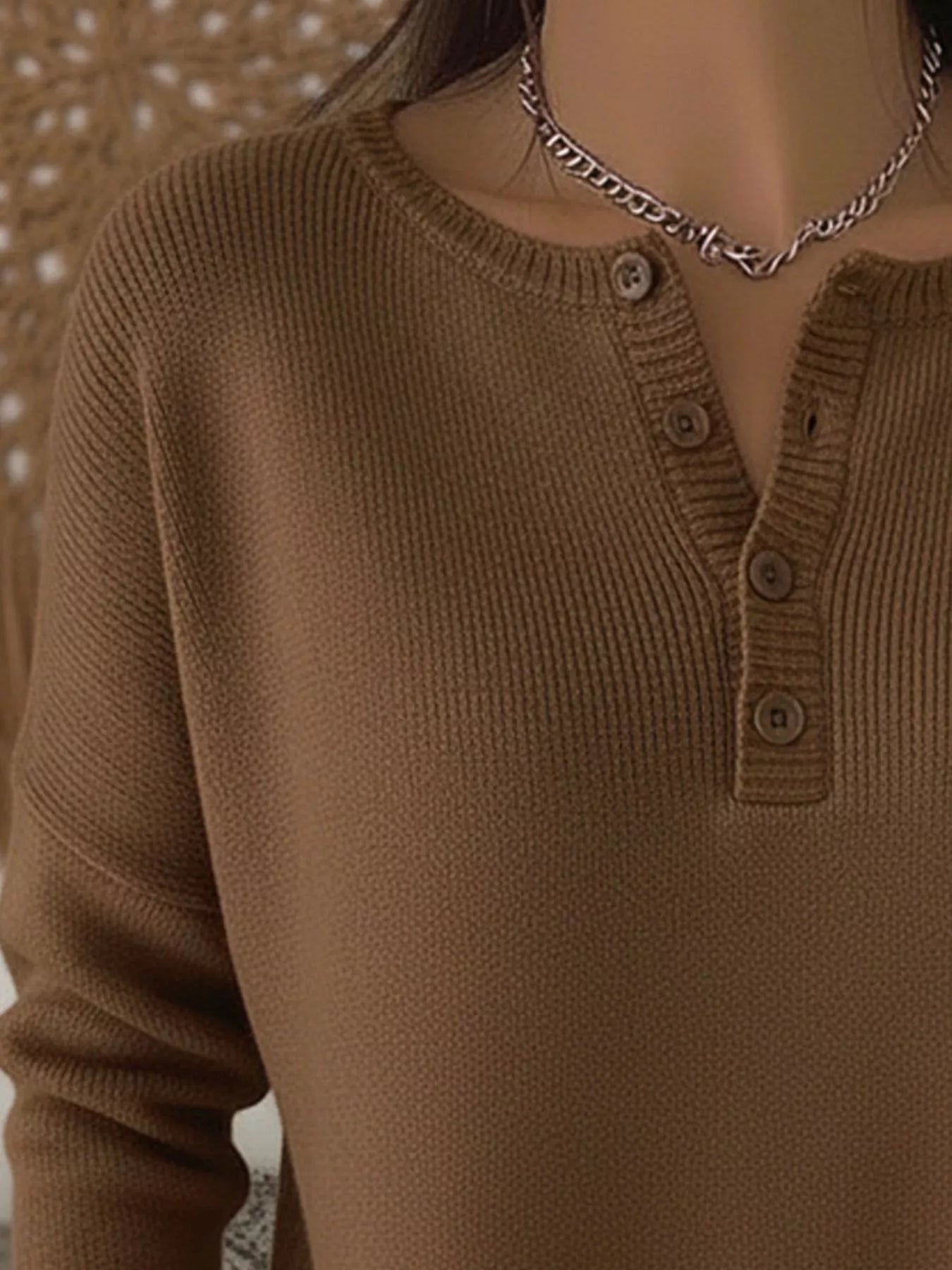 Full Size Half Button Long Sleeve Knit Top Plus Size