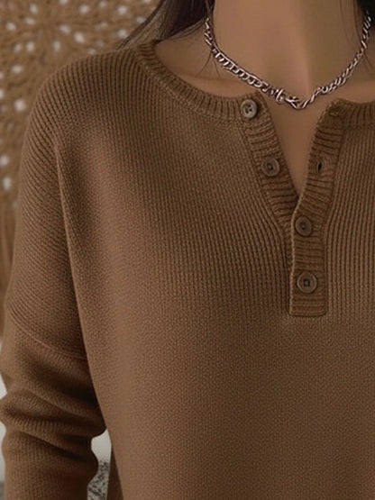 Full Size Half Button Long Sleeve Knit Top Plus Size