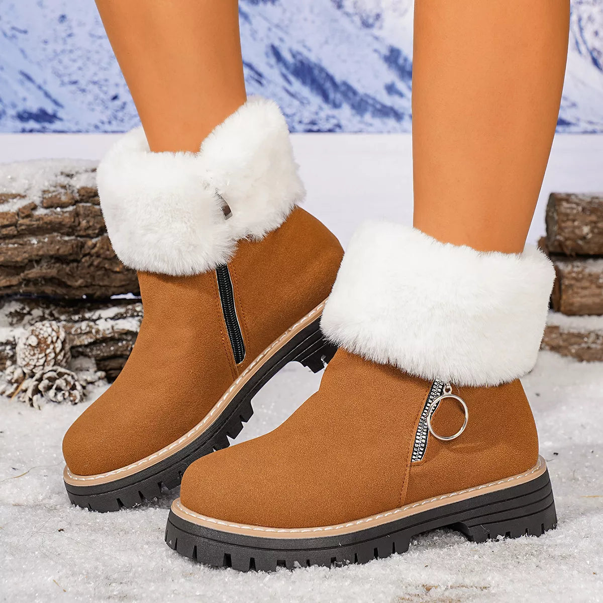 Fuzzy Ankle Boots with Zipper Detail Brown