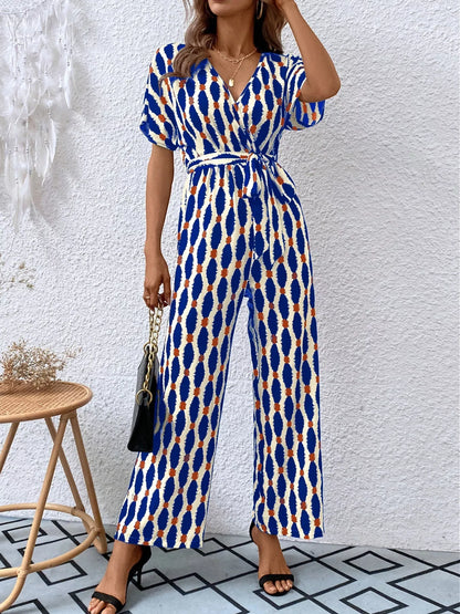 Printed Surplice Tie Waist Short Sleeve Jumpsuit
