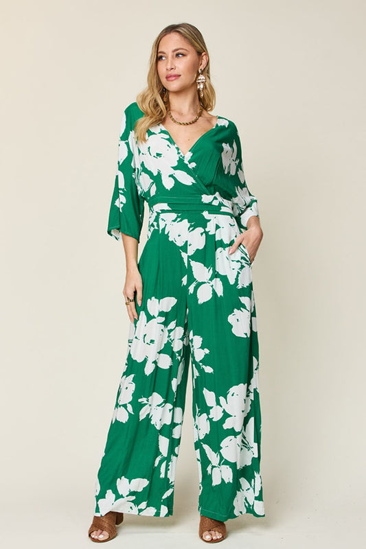 Printed Tie-Back Wide-Leg Jumpsuit Green
