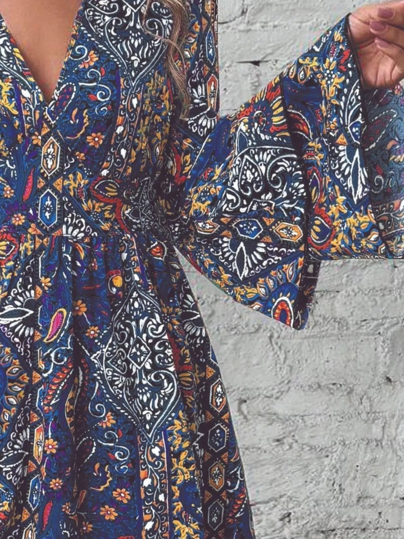 Paisley Print V-Neck Flounce Sleeve Dress