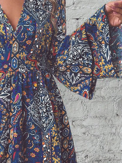 Paisley Print V-Neck Flounce Sleeve Dress